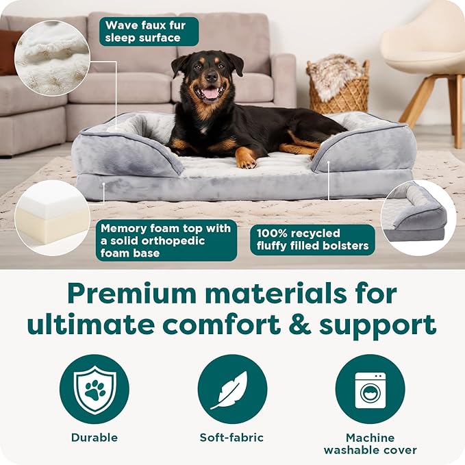 FurHaven Perfect Comfort Sofa Orthopedic Dog Bed for Large Dogs, Memory-Top Foam with a Solid Orthopedic Foam Base for Joint Support, Removable Washable Cover, Jumbo XL, Plush & Velvet, Granite Gray