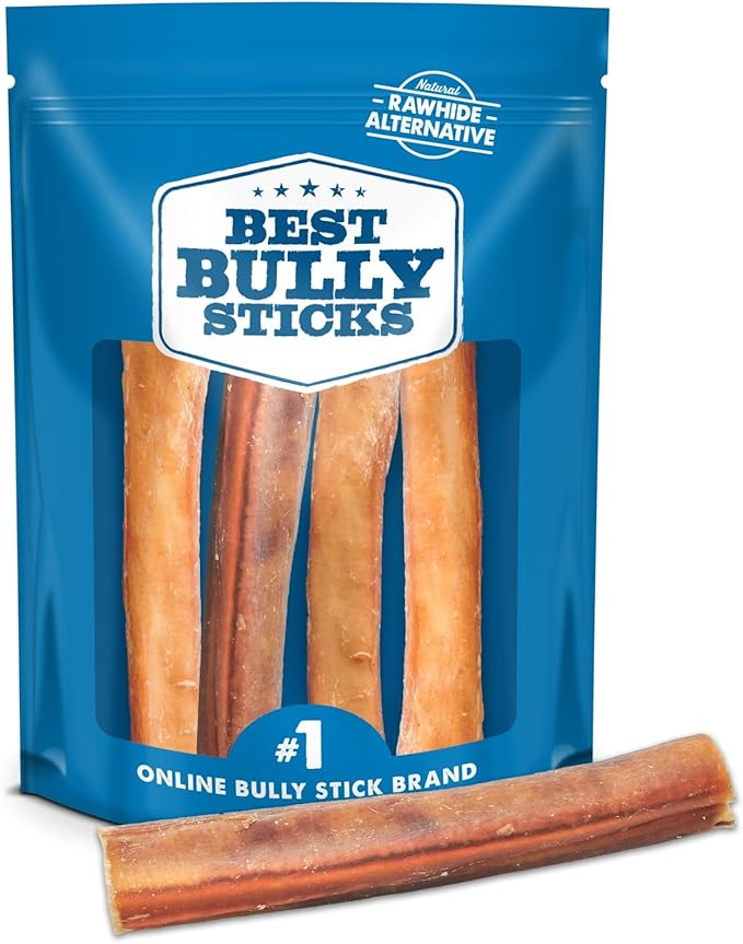 Best Bully Sticks Natural Jumbo Bully Sticks for Large Dogs - 6 Inch, 4 Count (Pack of 1) - 100% Free-Range Grass-Fed Beef, Single-Ingredient, Grain and Rawhide Free Long Lasting Dog Chews