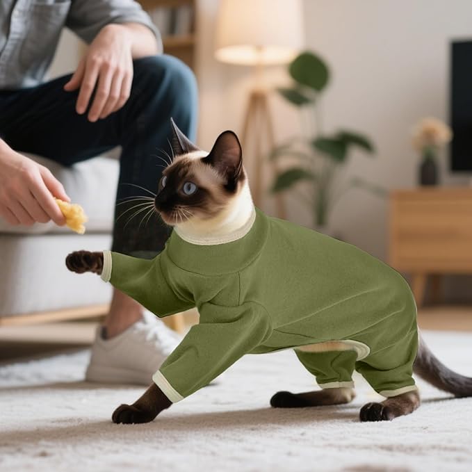 DENTRUN Cat Clothes for Hair Control with Hair Sticky Fabric - Soft Recovery Suit & Breathable Lint-Resistant Cat Sweater for Cats Only, Kitten Onesie Pajamas, XL, Army Green