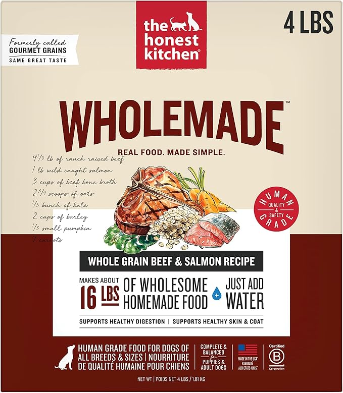 The Honest Kitchen Human Grade Wholemade™ Dehydrated Dog Food, Whole Grain Dog Food, Beef & Salmon, 4 lb (makes 16lbs)