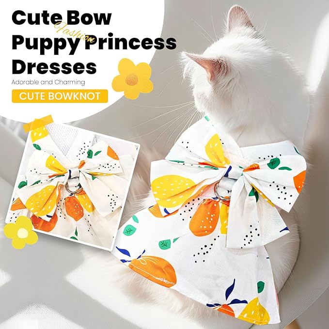 ABRRLO Cute Dog Dress Small Dog Clothes for Girls Female Puppy Outfits Yellow Lemon Pet Summer Clothes Bowknot Doggy Cat Princess Dress Harness for Holiday Birthday Party Costume Clothing (Yellow,S)