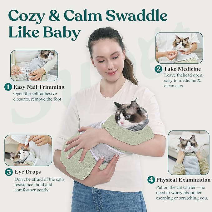 Supet Cat Grooming Wrap for Cutting Nails, Self-Adhesive Anti-Scratch Swaddle with Bite-Proof Mesh Hood & Thick Waist Strap Anti-Escape Bag for Nail Trimming, Medication, Ear Cleaning (Green M)