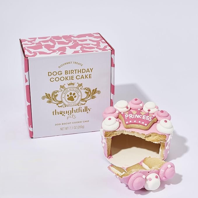 Thoughtfully Pets, Pink Princess Dog Birthday Gourmet Mini Cookie Cake, Peanut Butter Flavored, Hand Decorated Hollow Biscuit Cake for Any Breed