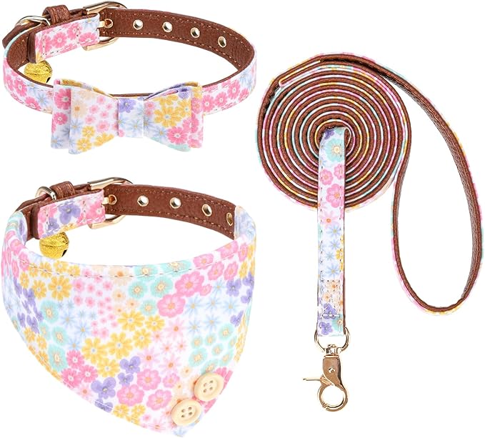KOOLTAIL Spring Dog Collar and Leash Set with Bowtie and Bells - Cute Fancy Puppy Collar and Leash for Boy or Girl with Flower Pattern, Soft Leather Tangle Free Leashes for Small Dogs,Cats