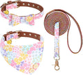 KOOLTAIL Spring Dog Collar and Leash Set with Bowtie and Bells - Cute Fancy Puppy Collar and Leash for Boy or Girl with Flower Pattern, Soft Leather Tangle Free Leashes for Small Dogs,Cats