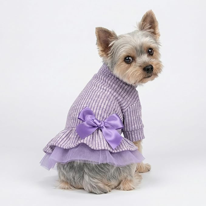 Fitwarm Collared Neck Tulle Dog Dress, Cozy Winter Clothes for Small Dogs Girl, Pet Outfits, Purple, Large