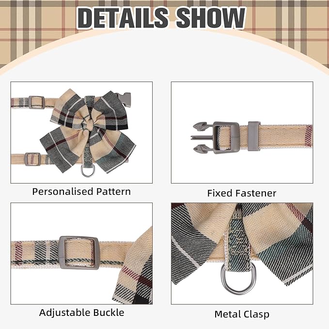 PAWCHIE Cat Harness and Leash Set Escape Proof with Bow Knot, Adjustable Kitten Vest Harness for Outdoor Indoor Use,Lightweight Soft Walking Travel Pet Harness for Medium Cats Boys Girls Puppy,Beige