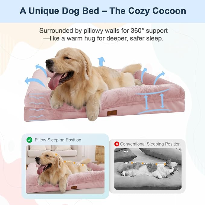 Large Orthopedic Dog Bed, Waterproof Dog Bed with Removable Cover, 4-Sides Removable Bolster Soft Pet Sofa with Egg Crate Foam Non-Slip Bottom, Pink