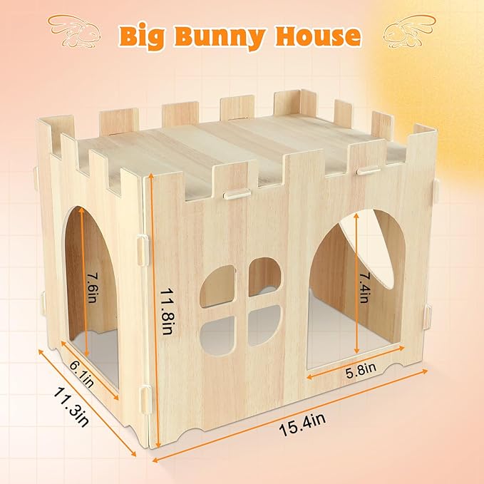 YUEPET Wooden Rabbit Castle, Rabbit Hideout and House Detachable Bunny Habitat Indoor Small Animal Hideout for Adult Bunny Guinea Pig Chinchilla