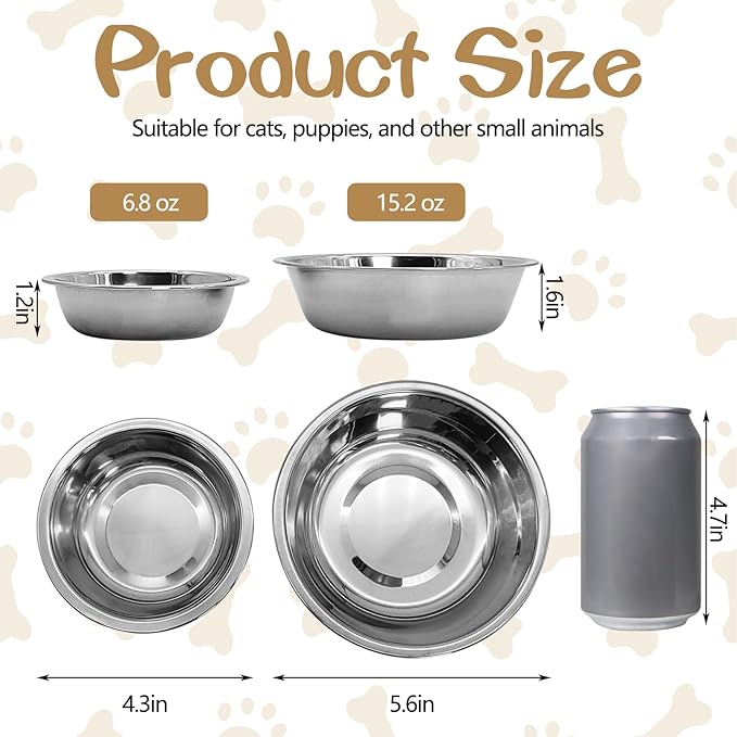 kathson 6 PCS Small Stainless Steel Dog Bowls, Replacement Metal Puppy Food Water Bowl Set Suit for Indoor Outdoor, Pet Feeding Dish for Small Animals Kitten, Dishwasher Safe (4.3 in)