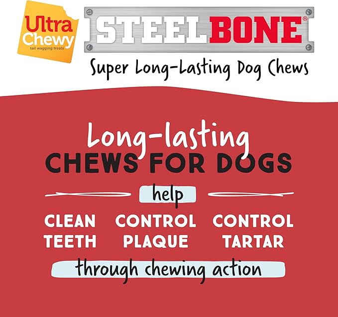 Ultra Chewy Steel Bones X-Large Size Beef Flavor - Super Long Lasting Dog Chews - Rawhide Free & Highly Digestible - Unique Shape Helps Clean Teeth - Ideal Dog Bones for Aggressive Chewers