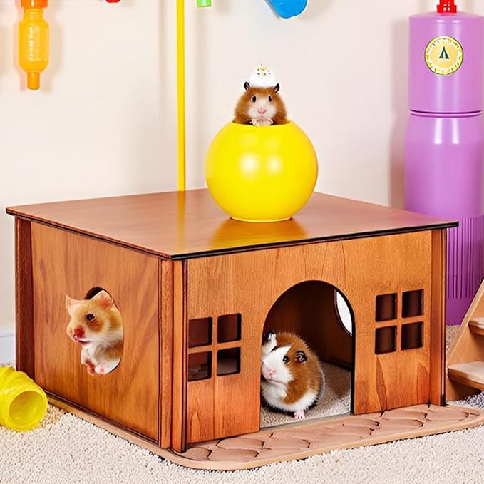 Wooden Guinea Pig Hideout, Small Animal Houses Habitats, Large Hideout House for Small Rabbit Chinchilla Gerbil, Sturdy Hamster Hideout Bed Hutch Bunny Cage