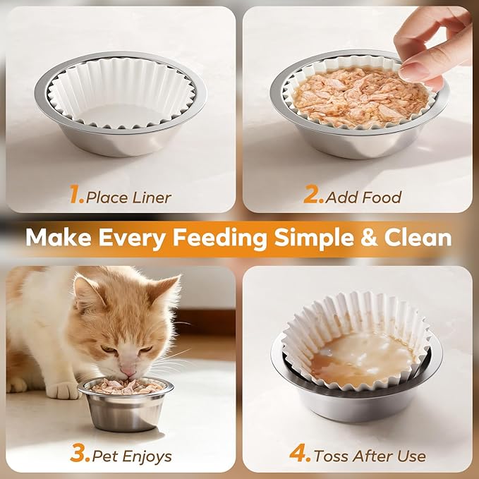 Disposable 600 Pcs Pet Food Bowl Liners Bulk, Small Paper Dish Liner for Small Cats Dogs, Round Feeding Station Inserts for Dry and Wet Food, Leak-Resistant Meal Mats, White, 4 x 1.2 Inch