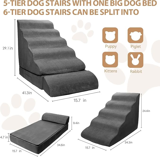Dog Stairs for High Beds 30-36 inches Tall, 6-Step Pet Stairs/Steps for High Bed 32-36 inches for Small Large Dogs, Foam Dog Steps for Beds for Old Dogs/Cats, Dark Grey