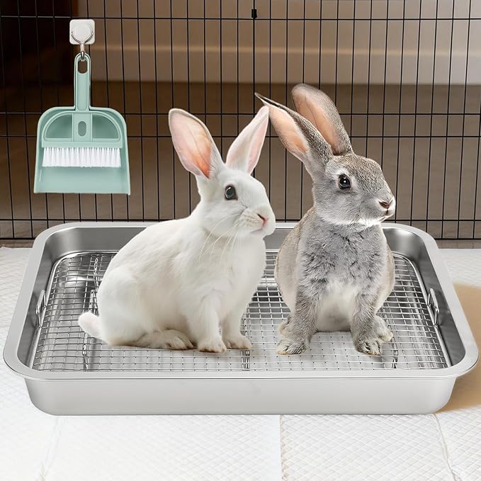 FHTONGE Extra Large Stainless Steel Rabbit Litter Box for Cage, Steel Litter Pan for Guinea Pig Ferret Rat Chinchilla Hedgehog Hamster, Rectangular Metal Bunny Potty Trainer Tray Pet Toilet Traine
