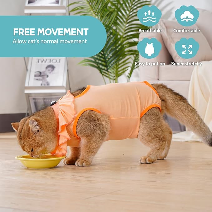 Avont Cat Recovery Suit - Kitten Onesie for Cats After Surgery, Cone of Shame Alternative Surgical Spay Suit with Ruffles for Female Cat, Post-Surgery or Skin Diseases Protection -Apricot (L)