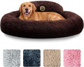 PetJett Dog Beds Large Sized Dog - 36'' Calming Round Bed, Anti-Slip & Washable Super Soft Donut Bed, Fluffy Faux Fur Anti-Anxiety Premium Comfort Pet Bed, Fits Dogs up to 80 lbs - Brown