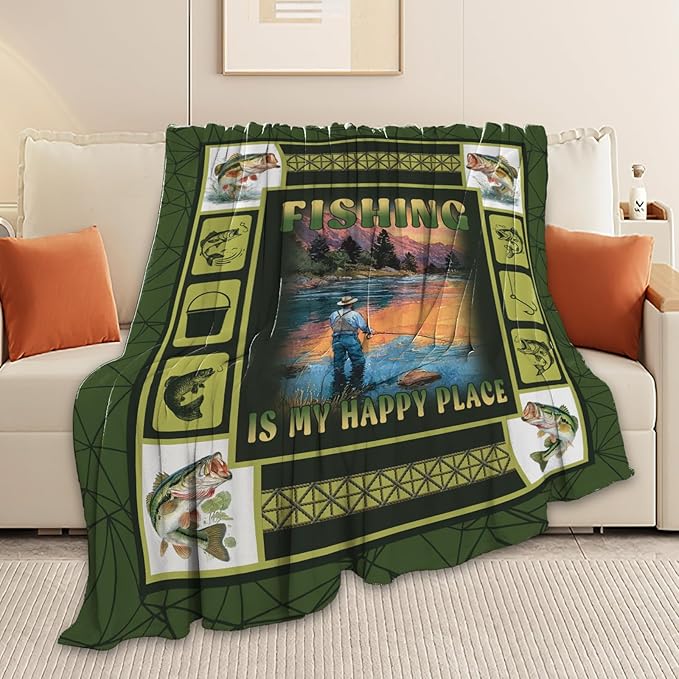 Fish Throw Blanket Fishing Stuff Gifts for Kids Girls Boys Adults Women Men Soft Cozy Warm Plush Fluffy Fuzzy Fleece Blanket Decor 40''X50''
