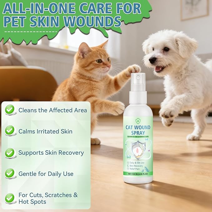 Cat Wound Care Spray, Pet Wound Care Formula for Scratching Irritation Bites Burns Redness, Supports Skin Comfort and Recovery for Kittens, Adult Cats, Pets, 120ml
