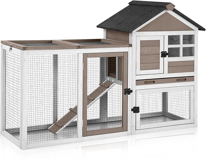 Aivituvin 51.6''L Rabbit Hutch Outdoor Chicken Coop, Indoor Bunny Cage with Run, Guinea Pig House with Pull Out Upper Tray (Brown)