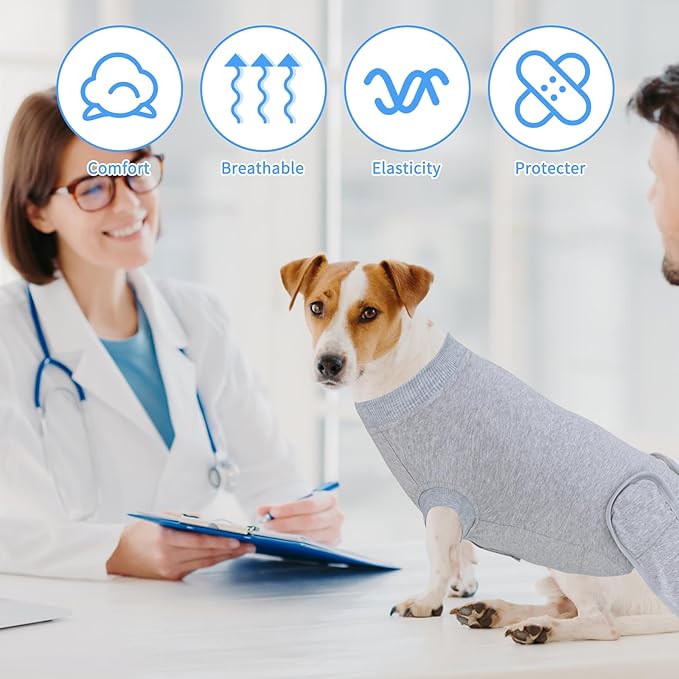 2 Packs Breathable Cotton Dog Recovery Suit for After Neuter Spay Abdominal Wounds Protector, Professional Anti-Licking Onesies for Male Female Pets Surgery Bandages, XL Grey Blue Pure