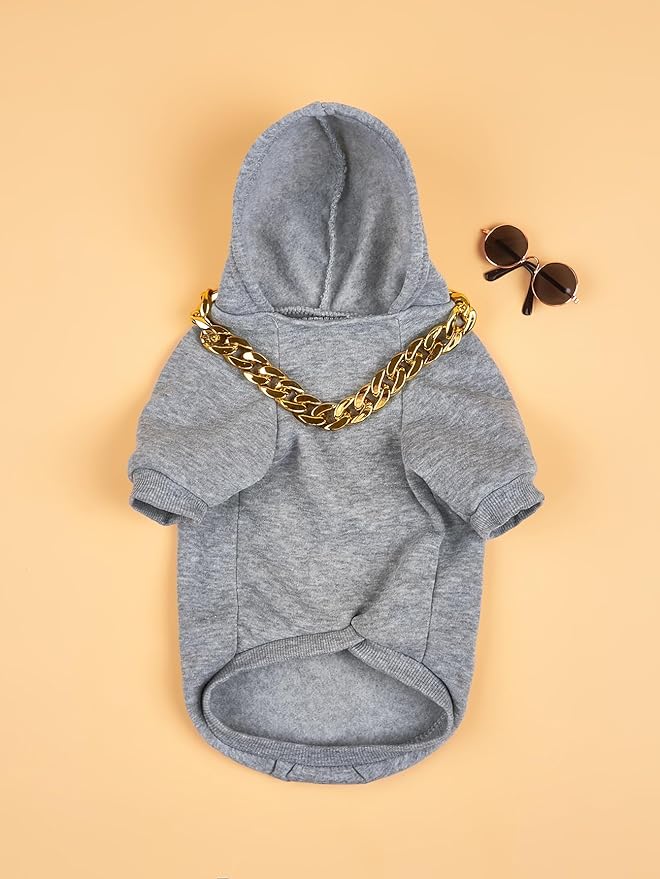 QWINEE 3Pcs Dog Hoodie Cat Apparel Dog Custume Set with Necklace and Sunglasses Pet Clothes for Puppy Small Medium Dogs Cats Grey XXL