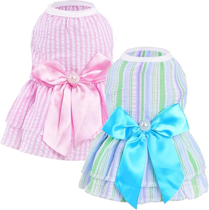 2 Pieces Dog Dresses Puppy Dogs Clothes Bowknot Cat Clothes Outfit Cat Dress for Small Dog Girl Pet Puppy (Pink Green, X-Small)