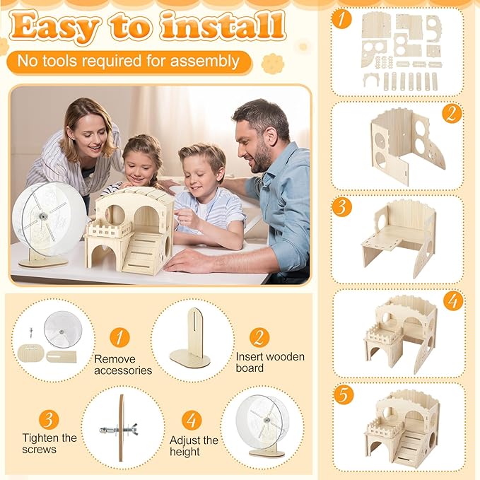 11 Pcs Hamster Cage Accessories Set, Bridge, Exercise Wheel, Swing, Chew Toys & More, Natural Wood Hamster Play Set for Dwarf Hamsters, Mice Small Animals Habitat(Wooden Hawaii House)