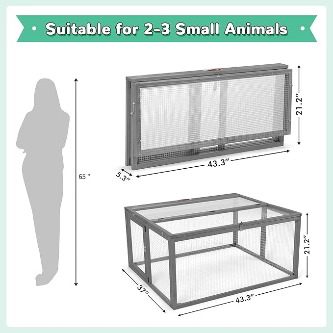 Portable Chicken Coop with UV-Proof Panel, 4X Garden Stakes, Wooden Rabbit Hutch, Chicken Brooder Box Indoor, Outdoor Folding Chicken Cage, Top & Side Openable Doors, 43.3Inch (Gray)