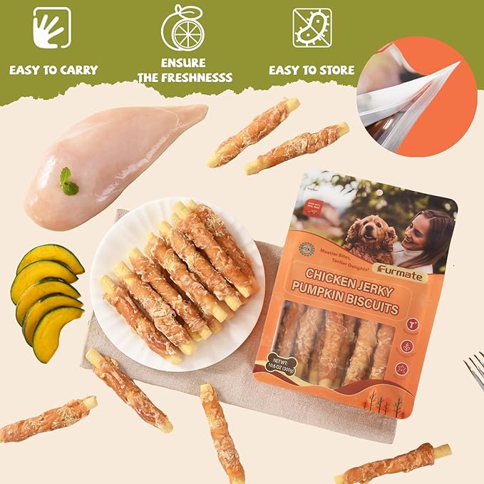 Dog Treats Pumpkin Biscuits Chicken Jerky Wrapped, Low Fat Rawhide Free Healthy Dog Chew Training Treats, High Fiber Pumpkin Biscuits Dog Snacks, for Small Medium Large Dogs 10.6 oz