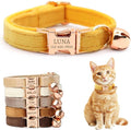 Personalized Non-Breakaway Cat Collar with Name, Luxury Soft Velvet Custom Engraved Name Collar with Bell for Kittens & Cats (Yellow, L (7.5-12.5 inches))