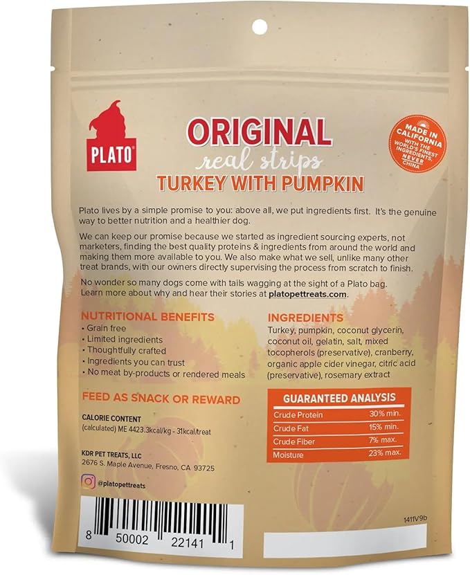 PLATO Pet Treats Real Strips Dog Treats – Turkey & Pumpkin – Air-Dried High Protein Dog Treats – Supports Immunity & Gut Health – Limited Ingredient, No Fillers – Made in USA – 6 oz