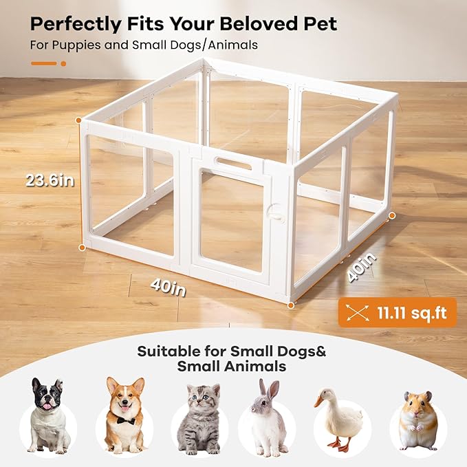 Clear Acrylic Dog Playpen Indoor, Puppy Cat Small Pet Play Pen, Pet Cat Playpen for Rabbits, Dog Fence Crate Kennel Whelping Cage (White, 8 Panel)