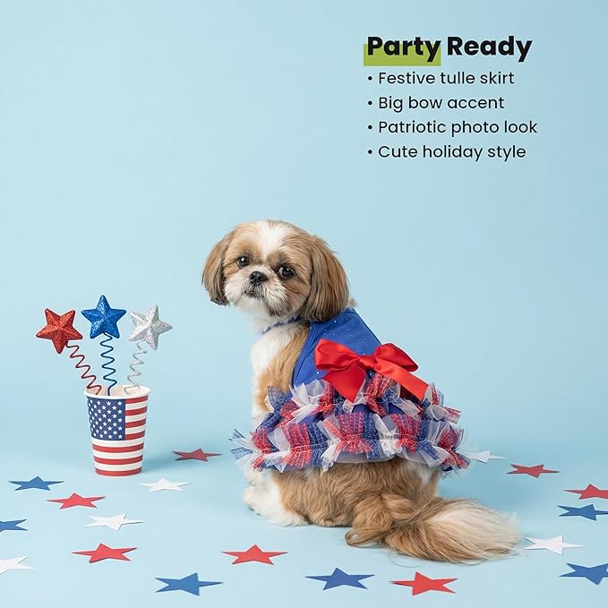 Fitwarm Patriotic Sparkly Tiered Dog Tutu Dress, 4th of July Outfit for Small Dogs Girl, Festive Pet Clothes, Red, White, Blue, XS