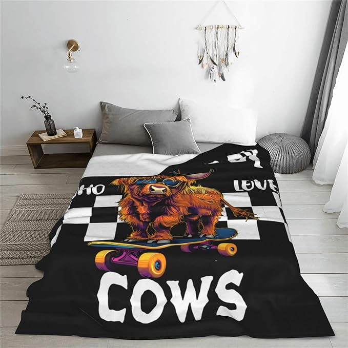 Just A Boy Who Love Cows Blanket Funny Highland Cows Decor Throw Blanket Gifts for Girls Boys Super Warm Soft Plush Fleece Flannel Cattle Blanket Couch Bedding Blanket for Adults Kids Women 80"X60"