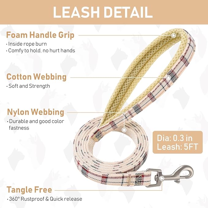 GAMUDA Small Dog Harness Collar and Leash Set, Step in No Chock No Pull Soft Mesh Adjustable Dog Vest Harnesses Plaid Reflective for Dogs Puppy Cats Kitten Rabbit (Beige, L)