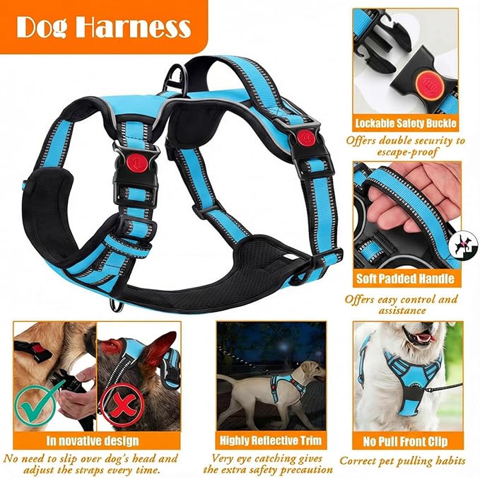 No Pull Dog Harness, Collar & Leash Set | Includes Dog Seat Belt, Collapsible Bowls & Poop Bag Dispenser. Ideal for Training, Walking, Hiking. Fits Small to Large Dogs(Blue-XL)