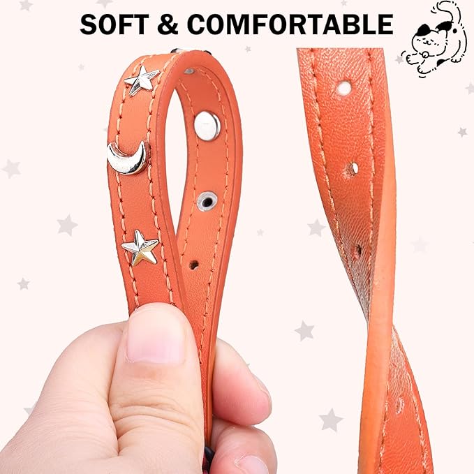 Leather Cat Collars for Boy Girl Cats with Bell and Safety Elastic Belt, Personalized Star and Moon Stud Adjustable Safe Buckle Collar for Kitty Small Big Cats Size 7-9 Inch, Orange