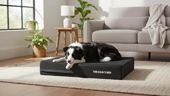 The Dog’s Bed Orthopedic Memory Foam Dog Bed for Large Dogs, Waterproof Washable Cover, Anti-Slip Base, Calming Surface – CertiPUR-Certified Foam, Black Plush, 6 Inch Thick