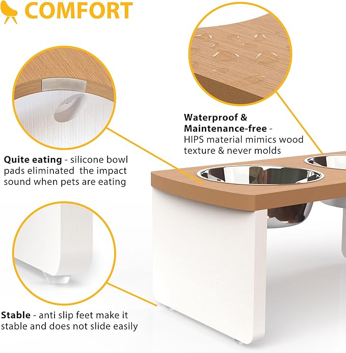 Elevated Dog Bowls, Waterproof Raised Dog Bowl for Medium Dogs, HIPS Poly Lumber Stand with 2 Stainless Steel Bowls, Indoor & Outdoor Use (7'' Tall-40 oz Bowl, Teak - White)