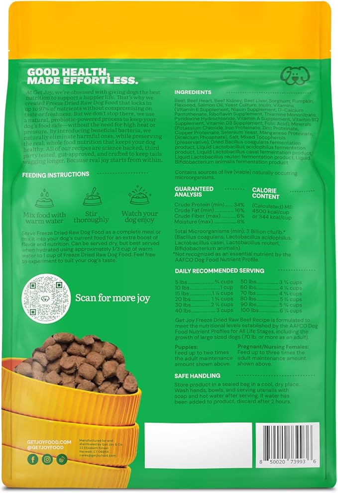 Get Joy Freeze Dried Raw Beef Meal, High Protein Grain Free, Dry Dog Food Meal Mixer and Topper, with Probiotics for Gut Health, Made with 100% USDA Organ Meat, for All Breeds and Ages, 16oz Bag