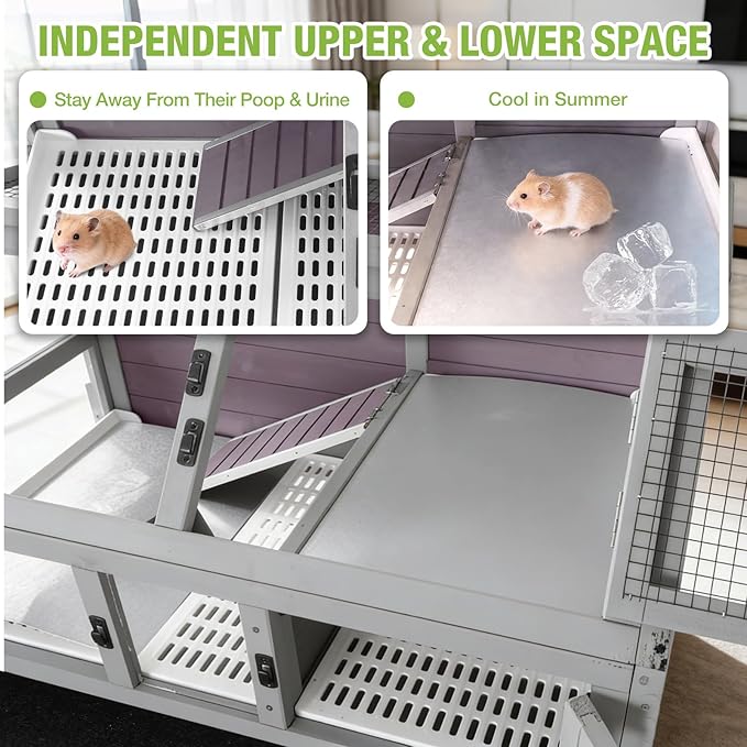 Guinea Pig Cags Indoor, Large Rabbit Hutch with Wheels, Wooden Hamster Cage with Chew-Proof Ram, Zinc Cool Plate and Plastic Floor, Small Animals Cage Habitat with Pull Out Tray (Light Grey)