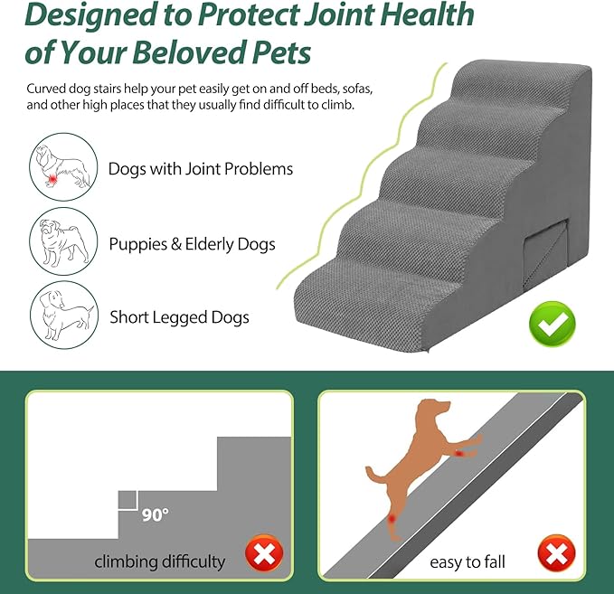 Dog Stairs for Bed up to 26", 5 Tier Dog Steps for Small & Medium Dogs, 23" H Non-Slip Balanced Pet Ramp with Washable Cover, Gray