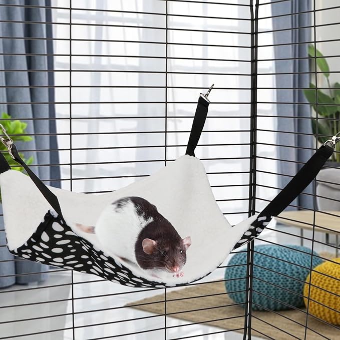 Wontee 2 Pack Small Animal Hammock Soft Fleece Sleeping Bed for Mice Rat Chinchilla Guinea Pig Ferret Kitten Cat Rabbit (M: 13.76x13.76inch, Black White Dot)
