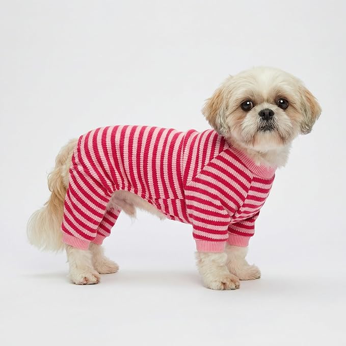 Fitwarm Pink and Red Striped Dog Pajamas, Waffle Dog Clothes for Small Dogs Girl Boy, Puppy Onesie with Feet, Pet Cat Outfit, Large