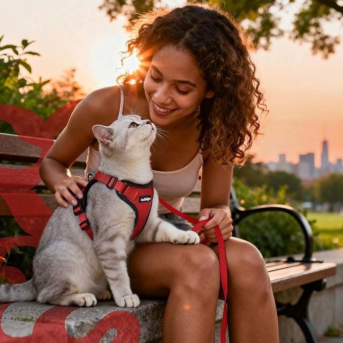 rabbitgoo Cat Harness and Leash for Walking, Escape Proof Soft Adjustable Vest Harnesses for Cats, Easy Control Breathable Reflective Strips Jacket, Red, M