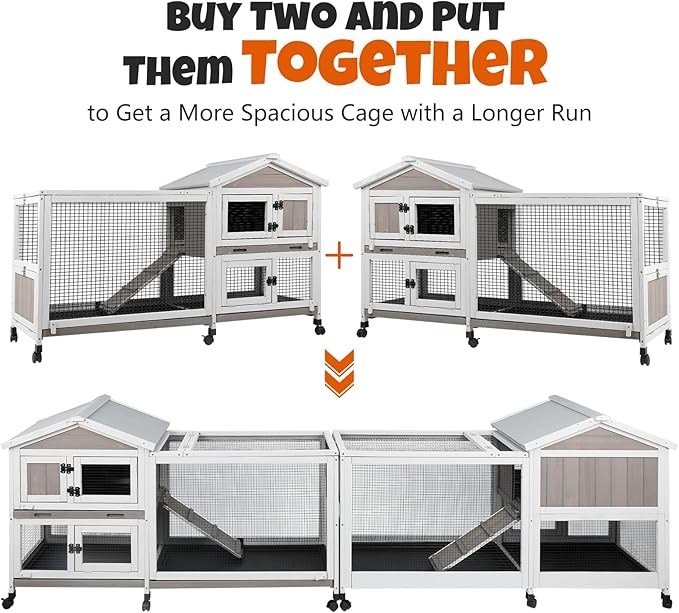 2-Story Rabbit Hutch Outdoor with Wheels, Weatherproof Indoor Bunny Cage with Anti-Chew Metal Frame Ramp, 3 Pull-Out No-Leak Trays, Waterproof Roof, Small Animals Cage
