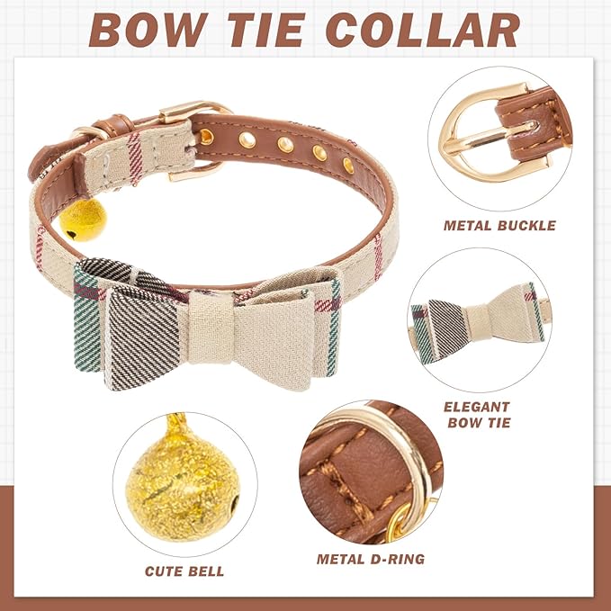 EXPAWLORER Dog Collar and Bandana Set - Classic Plaid Dog Bow Tie and Bandana Collar with PU Leather, Adjustable Collars for Small Medium Large Dogs Cats, Holiday Ideal Gift, Beige SM