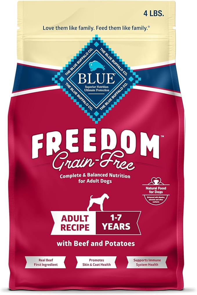 Blue Buffalo Freedom Grain-Free Dry Dog Food, Complete & Balanced Nutrition for Adult Dogs, Made in the USA with Natural Ingredients, Beef & Potatoes, 4-lb Bag
