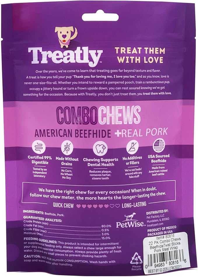 Combo Chews Beefhide Twist Sticks 5" w/Pork Meat Wrap Dog Chew Treats - 20 Count/1 Pack